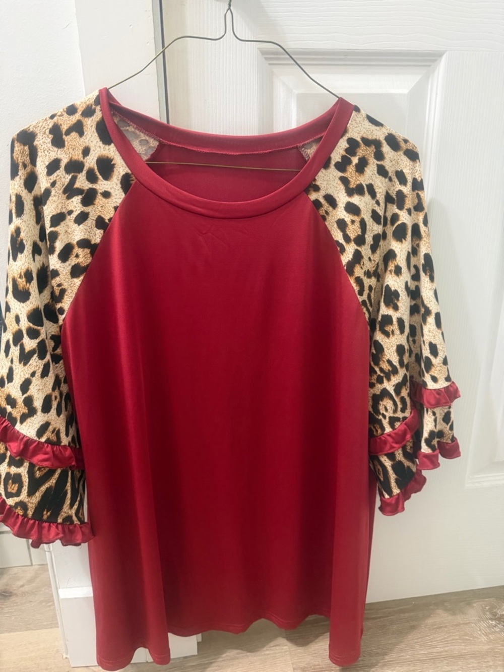 Women's Red Leopard Sleeve Ruffle Top
